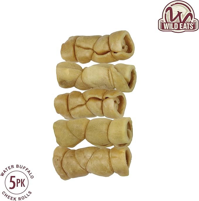 Wild Eats Water Buffalo 3" No-Hide Cheek Roll Dog Chews - 5 Pack (Long Lasting Chews, Treats, Rawhide Free for Aggressive Chewers & Medium Dogs) Pig Ears Alternative, Low Fat, High Protein