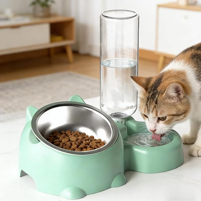 Cat Food and Water Bowl Set, Automatic Dog Dish Bowl with Water Dispenser, Removable Drinking and Eating Bowls, No-Spill Pet Feeder for Puppy, Medium Dogs & Cats (Purple)