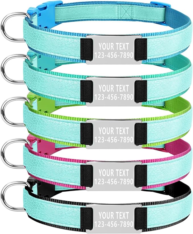 Custom Glow in The Dark Dog Collar with Name & Phone Number, Personalized Reflective Dog Collar for Small Medium Large Dog, Light Up Pet Collar with Engraved ID Tag