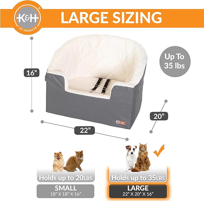 K&H Pet Products Bucket Booster Dog Car Seat, Seat Belt Secured, 2 Safety Leashes, Washable Covers, Sturdy Dog & Cat Booster Seat, Carriers for Small to Medium Pets - Large Gray/Cream