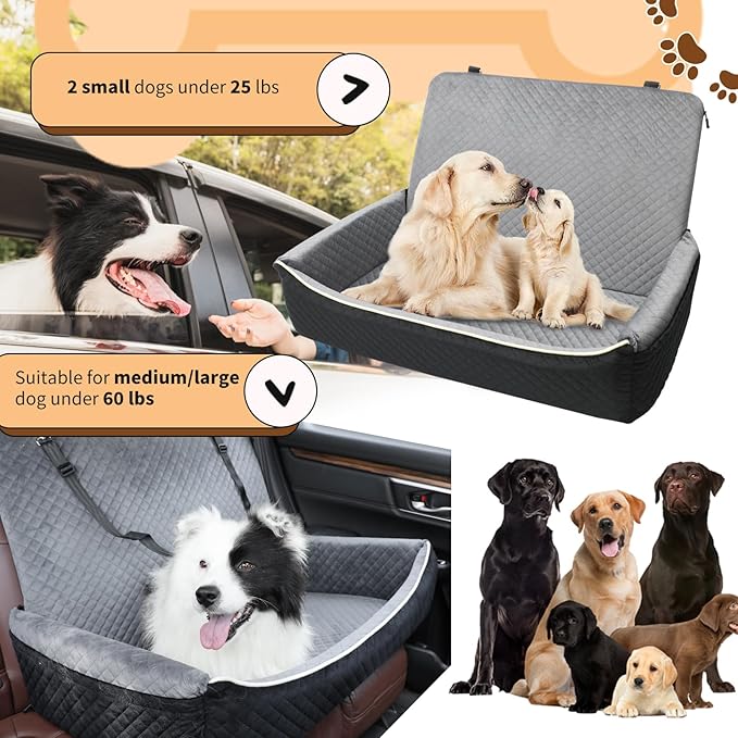 Large Dog Car Seat Under 60 lbs or 2 Small Dogs,Dog Bed for Car Back Seat with Seat Belt Fixation,The Seat Fabric Soft and Comfortable,Size is 31.5in x 20in x 21.5in,Removable and Washable.(Grey)