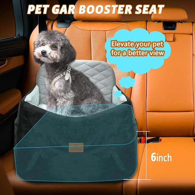 Dog Car Seat for Small/Medium Dog/Cat up to 30 lbs Memory Foam Pet Booster Seat with Detachable Washable Cover Travel-Safe Car Bed with Safety Belt/Storage Pockets Easy to Install