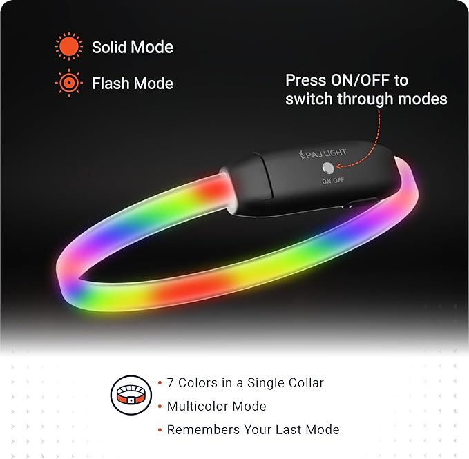 PAJ GPS – PAJ Light – Glowing LED Collar for Dogs – Cut-to-Fit (20–70 cm) – 100% Waterproof – 7 Color Modes – Night Safety & Visibility