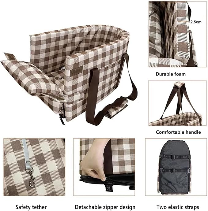 Pet Safety Booster Seat, Center Console Car Seat for Small Dogs Cats, Puppy Armrest Booster Seat, Pet Washable Travel Armrests Bed Bag, Removable Dog Car Seat for Small Pets Up to 13 Lbs (Plaid)