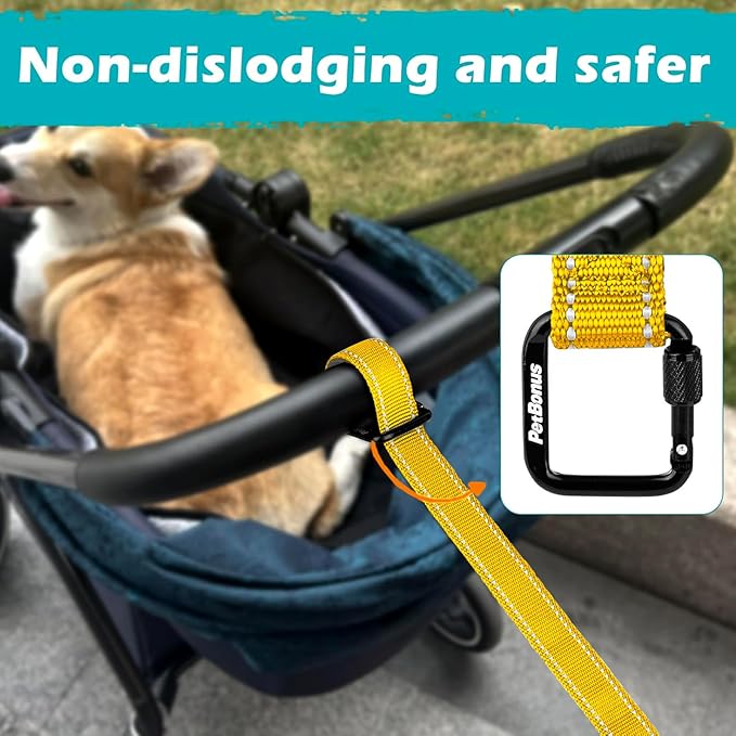 PetBonus Dog Leash Wrist Strap, Safety Strap for Retractable Leash, Lockable Reflective Short Dog Walking Lead with Adjustable Soft Padded Handle, Extra Layer Security for Pet Stroller (Yellow)