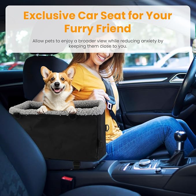 Small Dog Car Seat, Dog Car Carrier with Side Pocket Cotton Velvet Cushion, Portable Travel Pet Car Seat with Harness for Dogs Cats Up to 9LBS