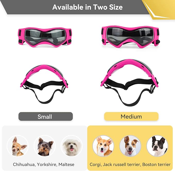 PETLESO Dog Goggles Small Breed, UV Protection Dog Sunglasses Windproof Anti-Fog Doggy Glasses for Small to Medium Breed Outdoor Riding Driving Motorcycle, Medium Pink