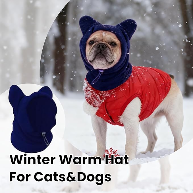 Dog Snood Winter Hood with Ear Protection, Fleece Neck Warmer for Dogs, (Blue, Large)