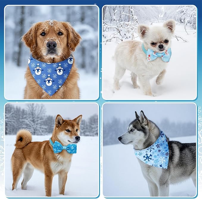 Sanwuta 100 Pcs Winter Dog Bandanas Bulk and Collar Bow Ties Set 50 Snowflake Cats Bandanas for Dogs 50 Winter Charm Doggie Collar Pet Triangle Scarf Bowtie for Small Medium Large Pets Costume