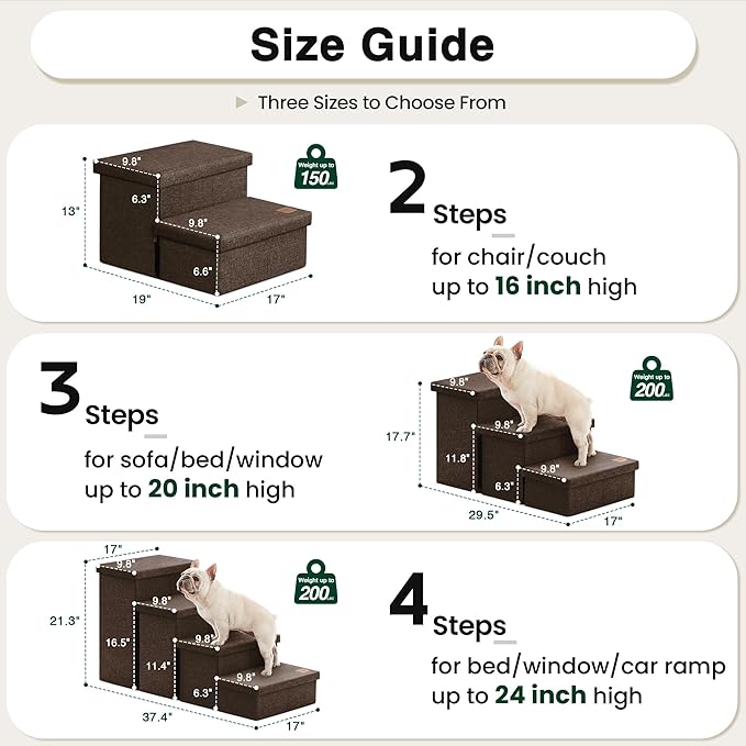 Love's cabin Dog Stairs for Small Medium or Large Dogs with Storage and Adjustable Steps,Foldable Dog Steps for Bed or Couch,4-Step Coffee Folding Cat Pet Ramp with Zip up to 200 lbs,Coffee