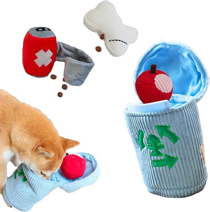 Dog Squeaky Toys, Plush Puzzle Dog Toy for Small Medium Large Dogs, Chew Fetch Brain Stimulating Toy, 3 Durable Small Dog Toys with a Big Trash Can