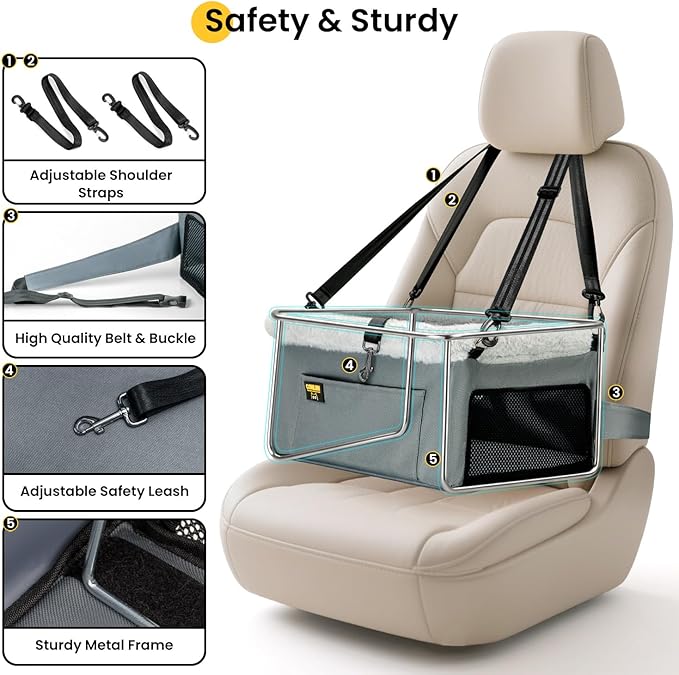 Dog Car Seat Booster for Small Pet Under 20lbs, Portable Travel Puppy Car Seat with Internal Steel Frame, Comfort Cushion & Storage Pockets, Adjustable Straps Fit Most Cars, Grey