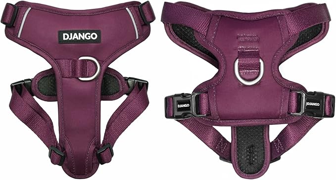 DJANGO Tahoe No Pull Dog Harness – Escape-Proof Dog Harness for Small & Medium with Front & Back Clips for Everyday Use – Adjustable, Padded, Reflective, Secure, Easy On/Off – Raspberry Purple, Medium
