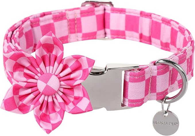 Dog Collar with Flower, UP URARA PUP Cute Pink Dog Bowtie Collar, Detachable Flower Bow Puppy Collar with Metal Buckle for Dogs,XS