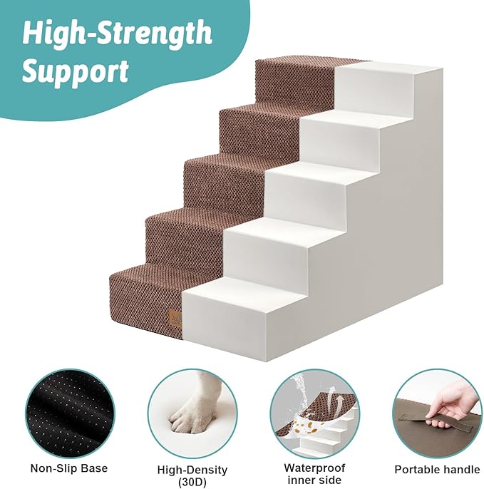 Dog Stairs for Small Dogs 5-Step, 19.7" Extra Wide Right-Angle Pet Stairs for Couch and Beds, Anti-Slip Dog Steps for Old Cats and Lowrider, 19.7x29.5x23.6 inch, Brown