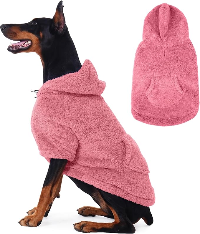 IDOMIK Fuzzy Dog Sweater with Adjustable Hood, Warm Fleece Dog Sweater Hoodie with Harness Hole & Pocket, Pullover Sweaters for Large Dogs, Fuzzy Hooded Sweatshirt for Fall Winter Christmas,Pink,2XL