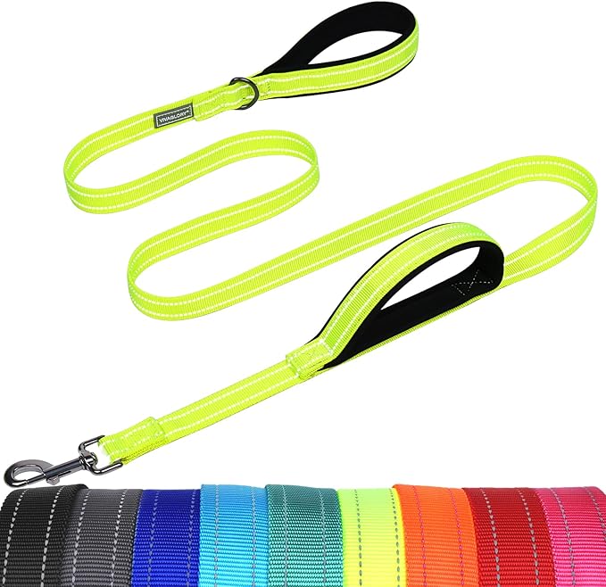 VIVAGLORY Twingrip Dog Leash, Double Handle Dog Leash for Training & Walking with Traffic Handle & 2 Loop, Traffic Control Reflective Heavy Duty for Puppy Pet, 4ft x 1in, Bright Yellow