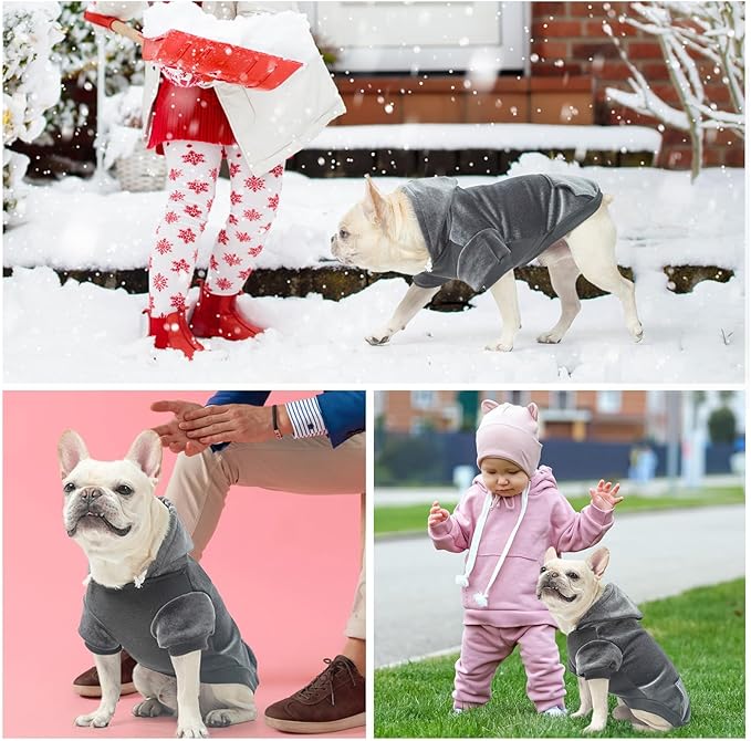 BEAUTYZOO Dog Hoodie Sweaters for Small Medium Dogs- Warm Fall Winter Fleece Jacket for Cold Weather, Soft Velour Hooded Coat with Leash Hole & Pocket, Puppy Sweatshirt Clothes Bulldog Schnauzer, Grey