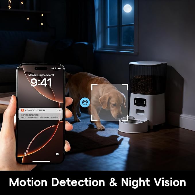 5L Smart Pet Feeder with HD Camera, WiFi Automatic Food Dispenser, Dual Stainless Steel Bowls, App Control, Voice Recorder, Motion Detection for Small and Medium Pets