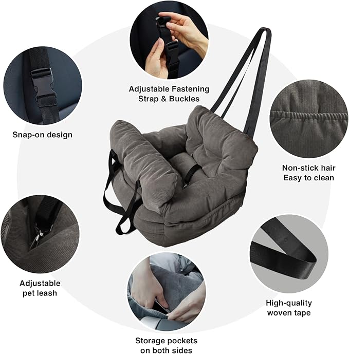 Pet Car Booster Seat, Soft Corduroy, Small Dog Cat Carrier with Safety Straps, Storage Pockets, 18x16x9 Inch, for Pets Under 25 lbs (Dark Brown)