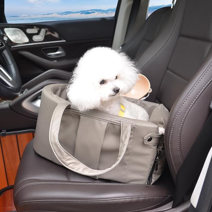 Portable Small Dog Seat for Car, Luxury Leather Center Console Dog Car Seat Booster with Safety Tethers, Anti-Collapse Pet Travel Carseat for SUV, Truck
