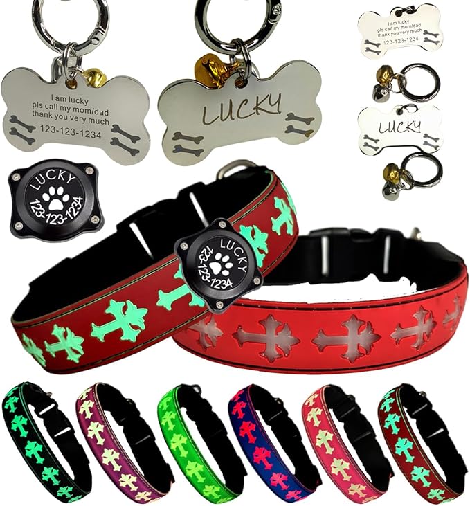 Pet Collar with AirTag Holder and ID Tag, 15 Lighting Modes, Waterproof Cross Pattern Design, Multiple Colors (RED, XL(19.7-23.6"))