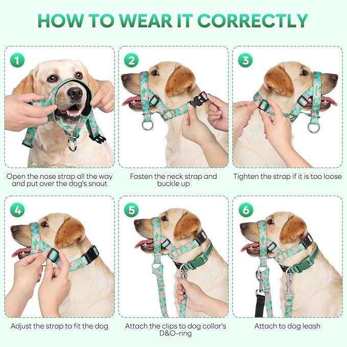 Dog Head Collar, Printed No-Pull Headcollar, Adjustable Dog Head Halter Gentle Lead with Safety Link, 3 Colors Muzzle Leash for Small Medium Large X-Large Dogs Easy Walks (Large, Peony)
