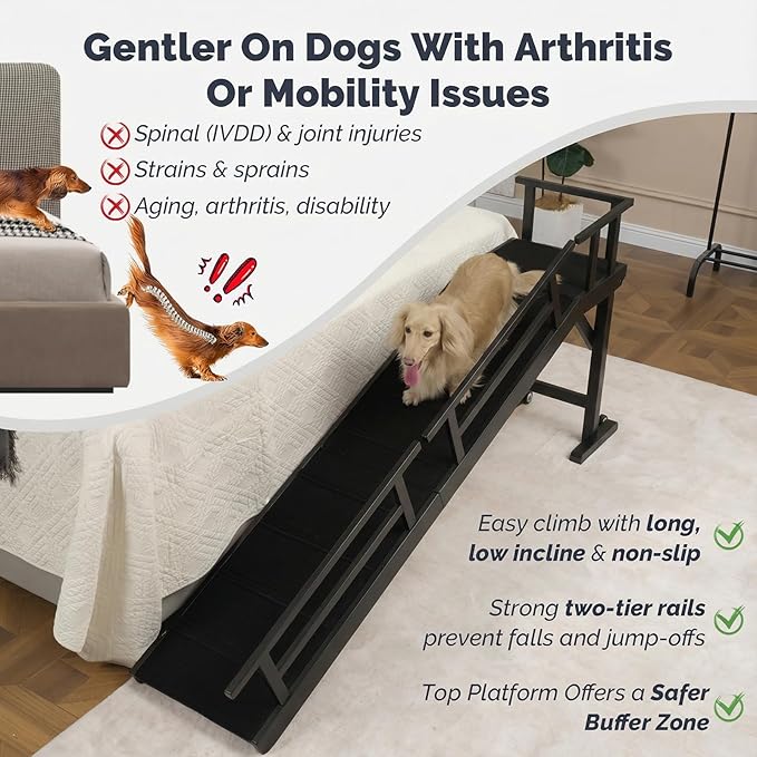 Dog Ramp for Bed or Couch, Wooden Pet Ramp with 20° Gentle Slope, Removable Side Rails, Non-Slip Surface, Top Platform & Wheels, Safe Bed Ramp for Small, Medium & Senior Dogs, 74" Long, Black