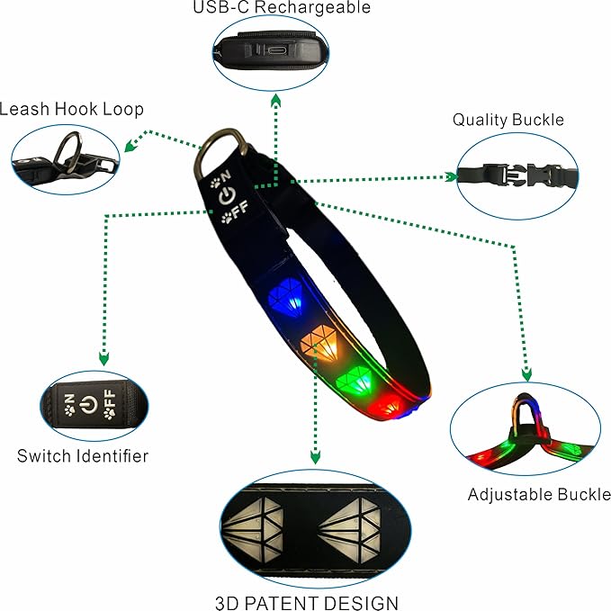 LED Dog Collar with Diamond Pattern, 15 Light Modes, with Bonus Pet ID Tag and Bell (RED Pro, M(11.8-15.7"))