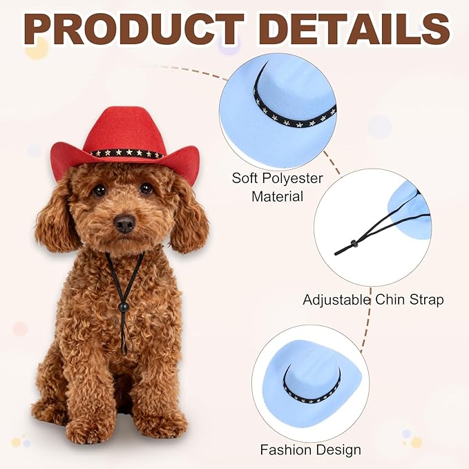 Dog Cowboy Hat, Mini Cowboy Hat for Pet with Chin Strap Adjustable Cosplay Cap, (Blue, M), Intended for Dogs and Cats/Halloween Costume/Party Decoration