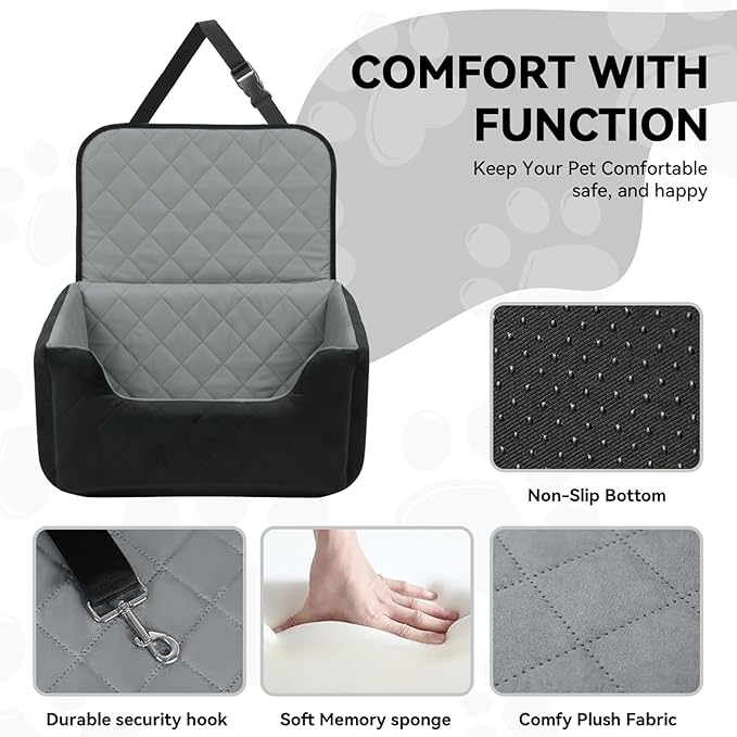 Dog Car Seat for Medium Small Dogs, Memory Foam Dog Booster Seat, Travel Safe Bed with Safety Belts Detachable Washable, Anti-Slip Base