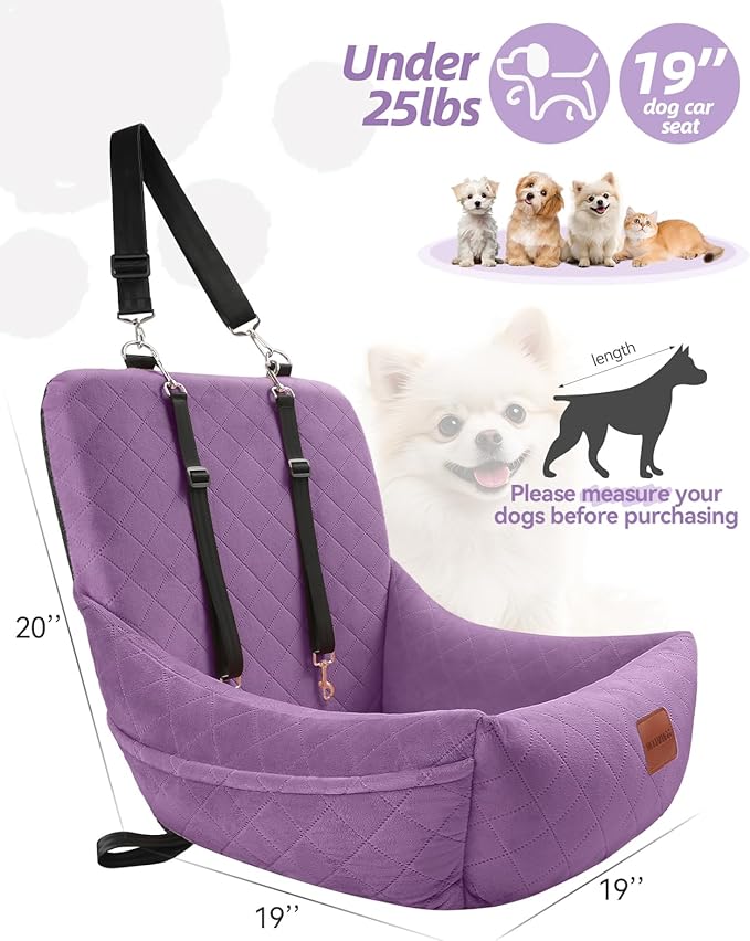 Dog Car Seat for Small Dogs Up to 25lbs,Soft Washable Fabric Fill in Memory Foam,Easy to Assemble with 2 Clip-On Safety Leashes and Storage Pockets,Front or Back Seat are Both OK(Purple)