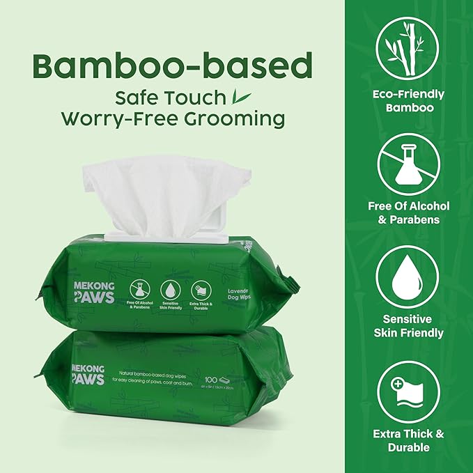 Pet Grooming Wipes - Viscose derived from Bamboo - Calming Lavender Scented - Freshening Dog Cat - Gentle on Sensitive Skin - Thick & Durable for Paw Coat & Bum Cleansing - 400 Count