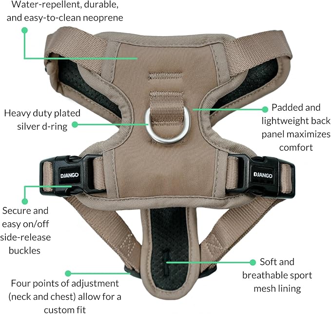 DJANGO Tahoe No Pull Dog Harness – Escape-Proof Dog Harness for Small & Medium with Front & Back Clips for Everyday Use – Adjustable, Padded, Reflective, Secure Fit, Easy On/Off – Sandy Beige, Medium