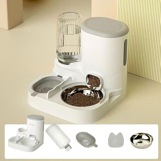 Automatic Dog Feeder and Water Dispenser Food Feed Compact Portable Feeding Station Automatic Pet Feeder Dog Bowl for Puppy, Grey