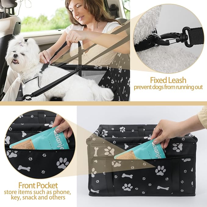 PetsHome Dog Car Seat Foldable Dog Car Booster Seat Waterproof Breathable Oxford Travel Bag for Small to Medium Dogs, Puppies, and Pets-Pattern Black+Mat