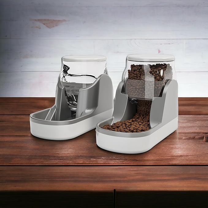 2 Pack Automatic Dog Cat Feeder and Water Dispenser Gravity Food Feeder (Grey)