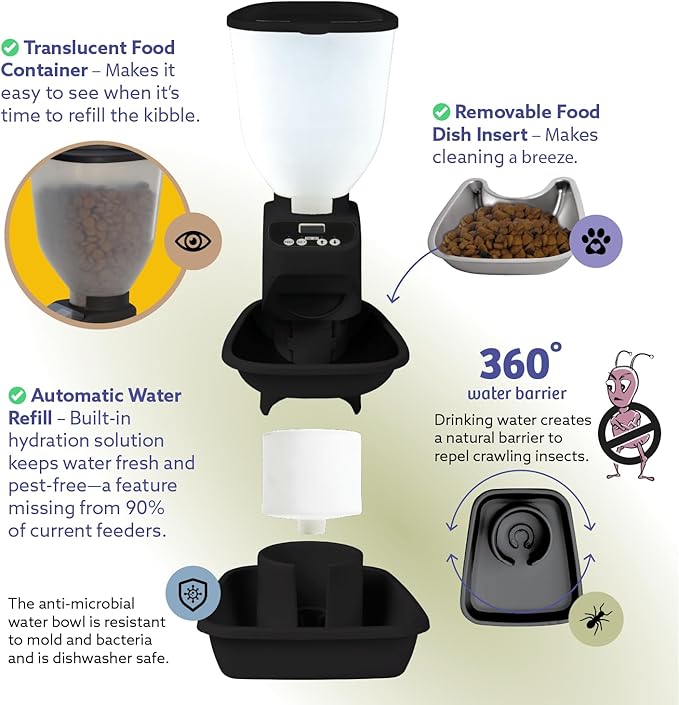 Feeding Friend® Automatic Dog & Cat Food Feeder with Water Dispenser – Smart Pet Feeder with Portion Control, OLED Display, Anti Jam Design, Battery Operated Dispenser for Medium Pets - Black