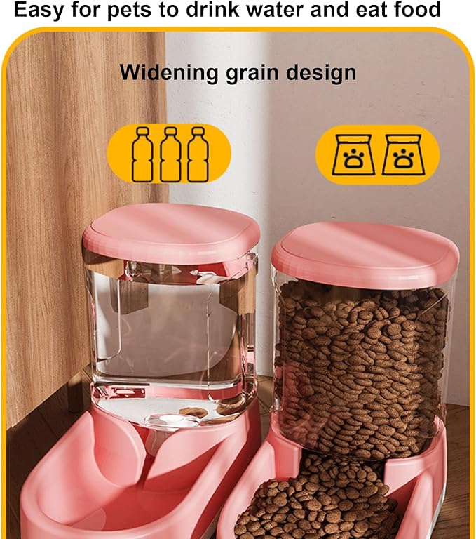 Gravity Pet Feeder & Water Dispenser Set (2Pcs), 1 Gallon Large Capacity Auto-Fill Top Fill Dog Cat Bowl, Fully Transparent Food Container with 6° Tilted Base for Healthy Feeding (Pink)