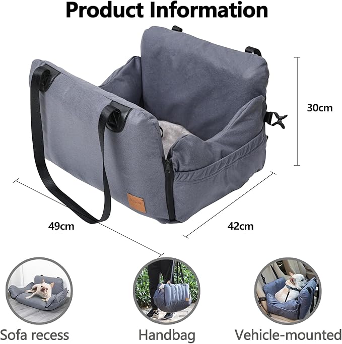 Pet Car Booster Seat, Portable Dog Car Travel Carrier Bed, Waterproof Dog Booster Seat for Car with Storage Pockets, Washable Small Dog Car Seat(Grey)