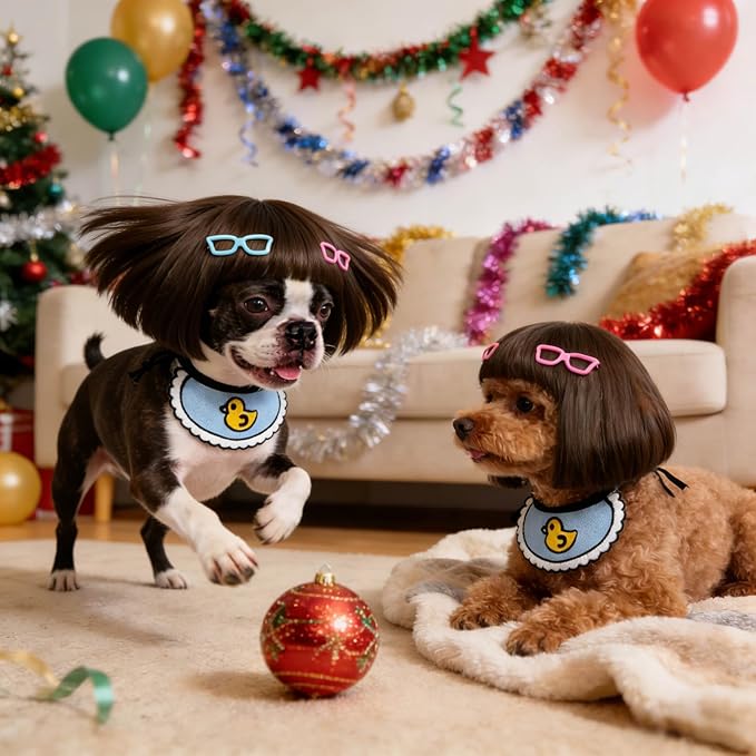 Funny Dog Bangs Bob Wig - Adjustable Elastic Band & Trimmable, Built-in Knitted Bandana & Bow Clip, Dog Cosplay Costume for Small Medium Large Dogs,Halloween Christmas Parties Festivals (Black)