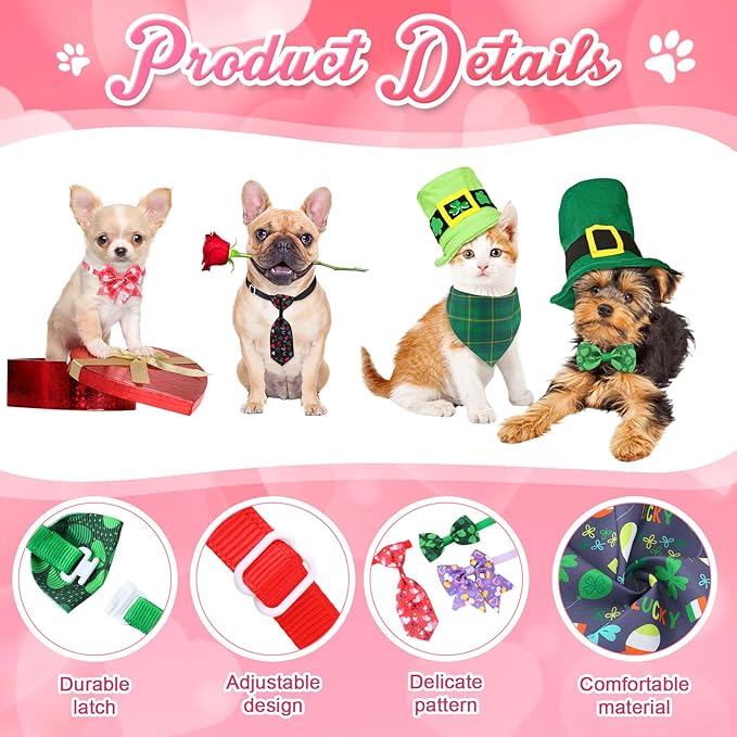 Reginary 200 Pcs Valentine's Day Dog Bandanas Bulk Dog Bows Ties St. Patrick's Day Pet Collars Set Clover Lucky Pattern Grooming Bowties and Neckties Collar for Small Middle Pets Puppies