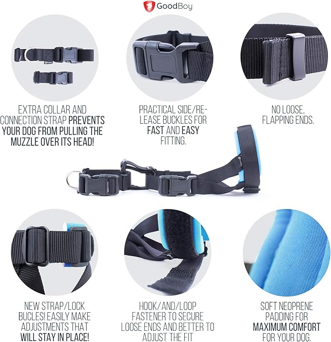 Gentle Muzzle Guard for Dogs - Prevents Biting and Unwanted Chewing Safely Secure Comfort Fit - Soft Neoprene Padding – No More Chafing – Training Guide Helps Build Bonds with Pet (M+, Blue)