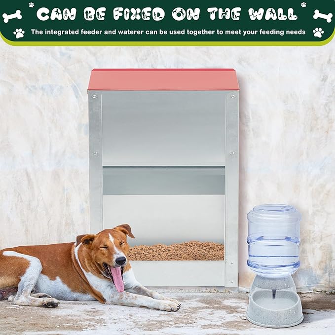 Automatic Dog Feeder and Water Dispenser Set, 25 Lbs Galvanized Gravity Outdoor Cat Food Feeder Large Capacity 3.5 L Indoor Animal Pet Water Drinking Dispenser Station