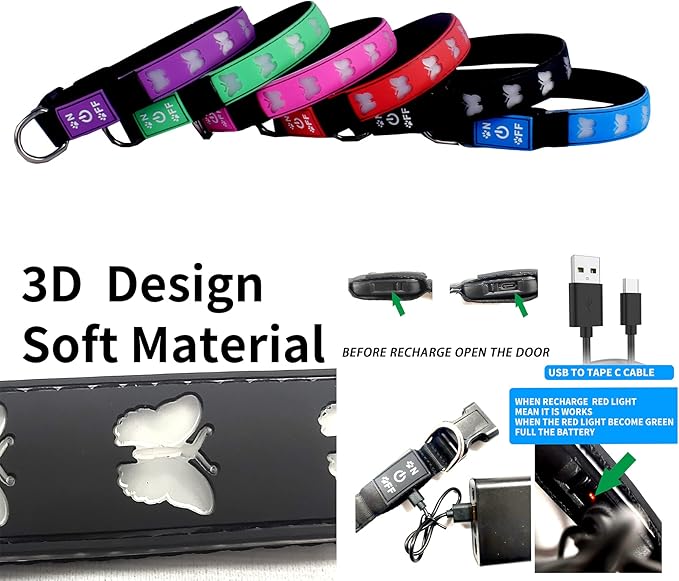 USB-C led Light up Dog Collar, 3D Design Comfortable and Soft Material,Multicolored Lighting，Night Dog Collar (BT-Blue, M(15.7-19.7"))