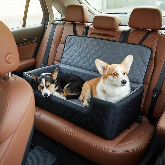 Dog Car Seat for Large Medium Dogs, Dog Booster Seat for 2 Small Dogs Memory Foam, Travel Safe Bed with Safety Belts Detachable Washable, Anti-Slip Base