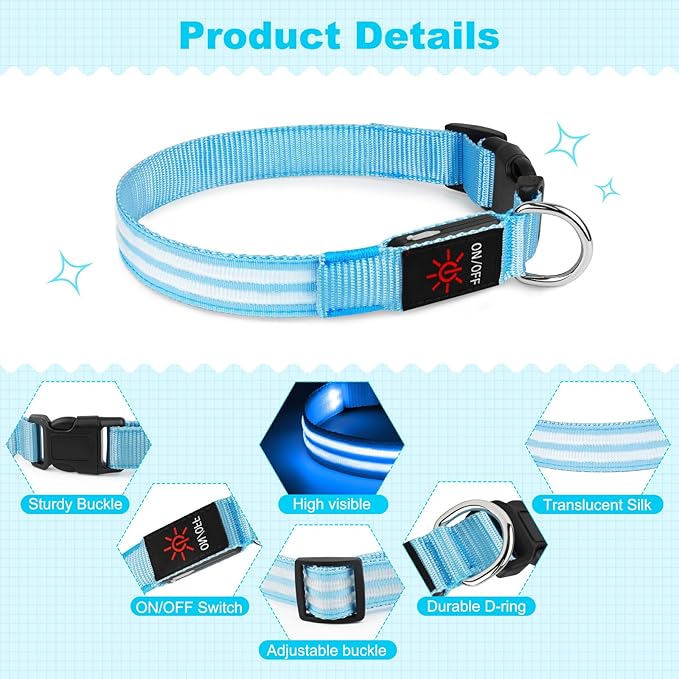 Illumifun LED Dog Collar Rechargeable Light Up Dog Collar Glow in The Dark, Flashing Lighted Glow Collars for Small Medium Large Dogs Night Walking (Blue, Large)