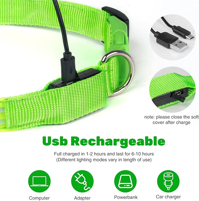 Geekman LED Dog Collar, LED Glow Collar with USB Rechargeable, Comfortable Adjustable Soft Mesh Safety Dog Collar for Dogs(Medium, Green)