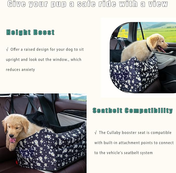 Cullaby Dog Car Seat for Small/Medium Dogs – Elevated Booster Seat with Detachable, Washable Cover, Safety Belts, and Storage Pockets Car Back Seat (Black Daisy, 15.75 * 17.72 * 9.84")