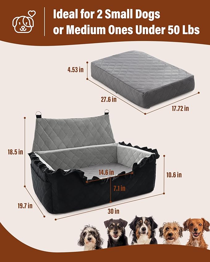 Dog Car Seat for Large Medium Dogs Under 55 lbs, Dog Booster Seat for 2 Small Dogs, Detachable Washable Pet Travel Bed with Thick Memory Foam Cushion, Safety Belt and Storage Pockets | Black